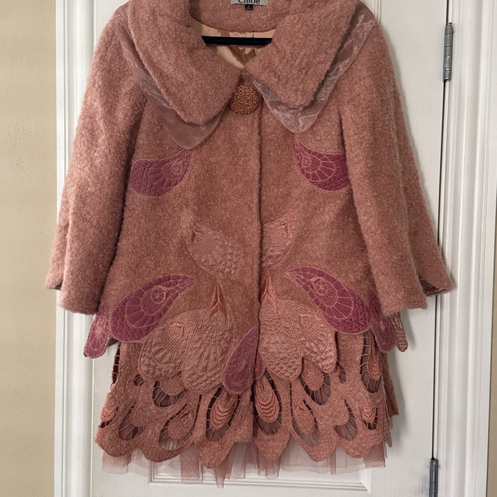 Chole Women's Rose Pink Wool Blend Embroidered Coat